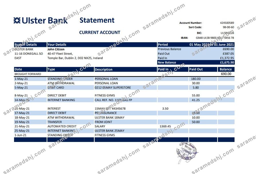 Republic of Ireland Ulster Bank statement easy to fill template in Excel and PDF format